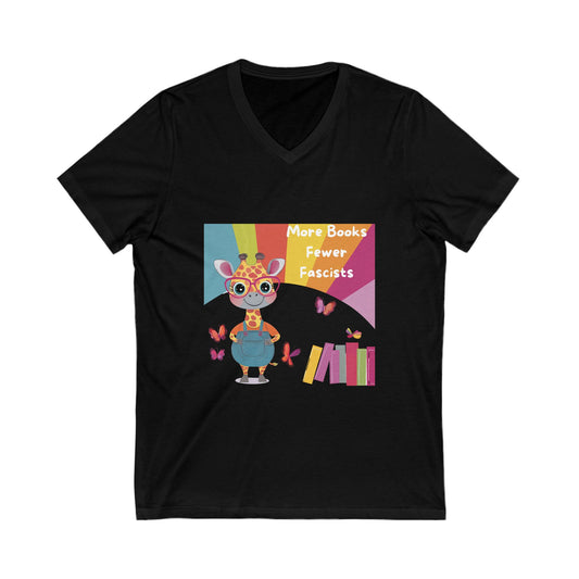 Kawaii Giraffe Reading Anti-Fascist V-Neck T-Shirt | Cute Activist Tee
