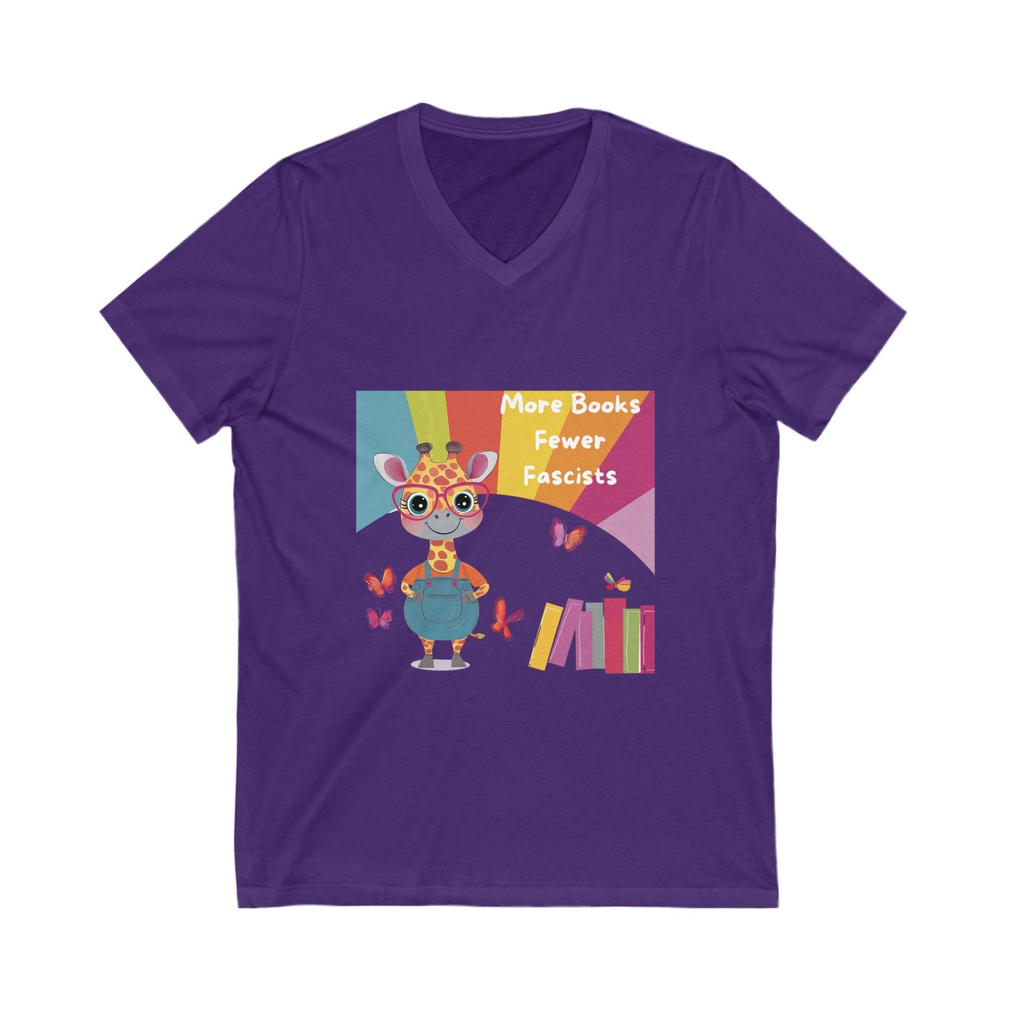 Kawaii Giraffe Reading Anti-Fascist V-Neck T-Shirt | Cute Activist Tee
