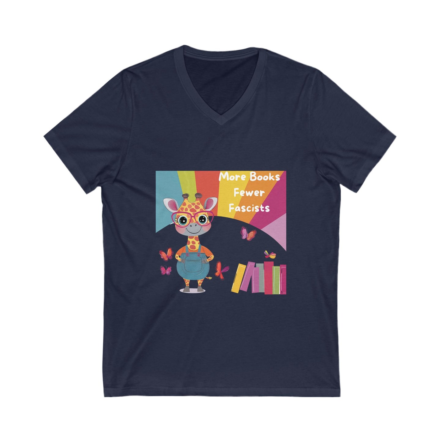Kawaii Giraffe Reading Anti-Fascist V-Neck T-Shirt | Cute Activist Tee