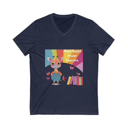 Kawaii Giraffe Reading Anti-Fascist V-Neck T-Shirt | Cute Activist Tee