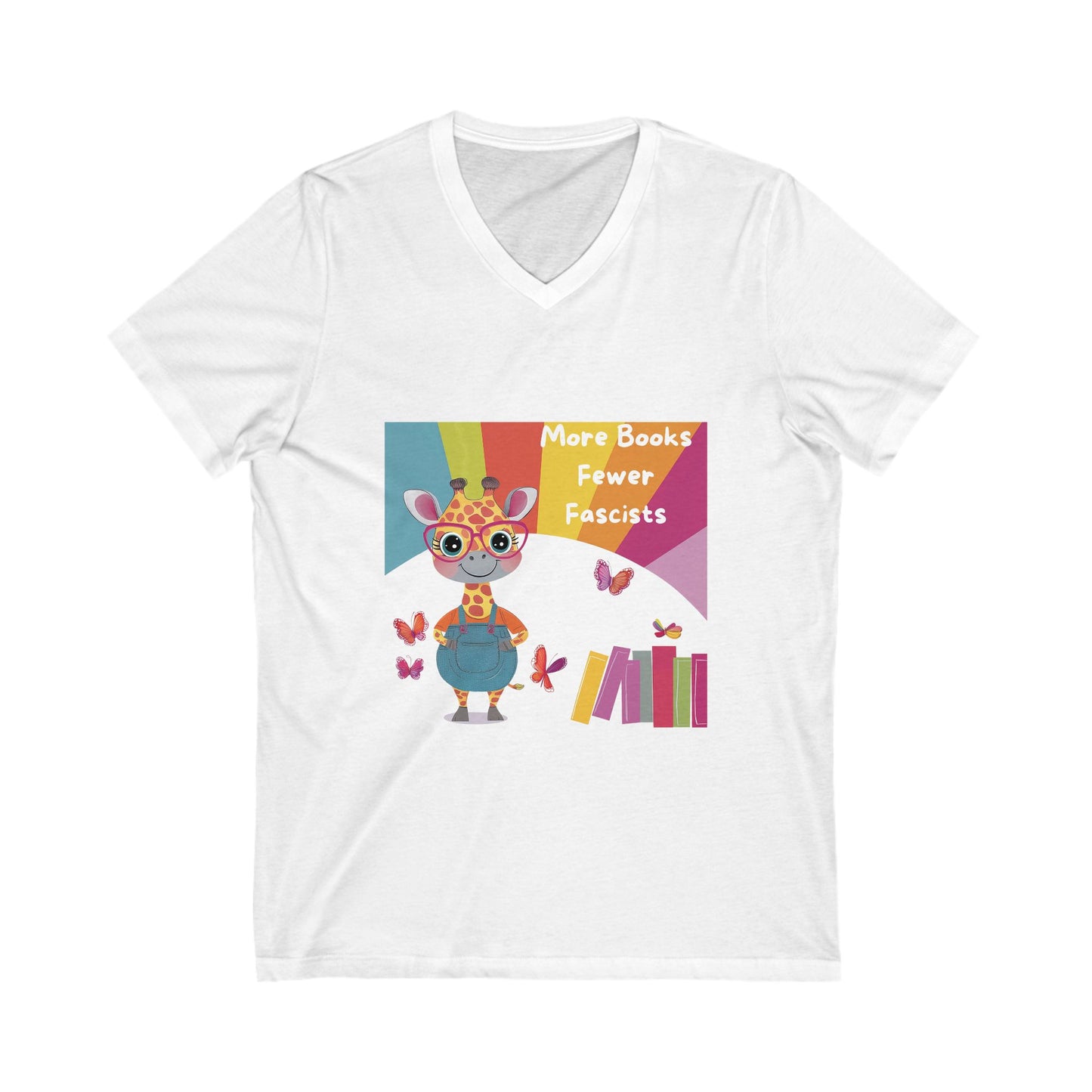Kawaii Giraffe Reading Anti-Fascist V-Neck T-Shirt | Cute Activist Tee