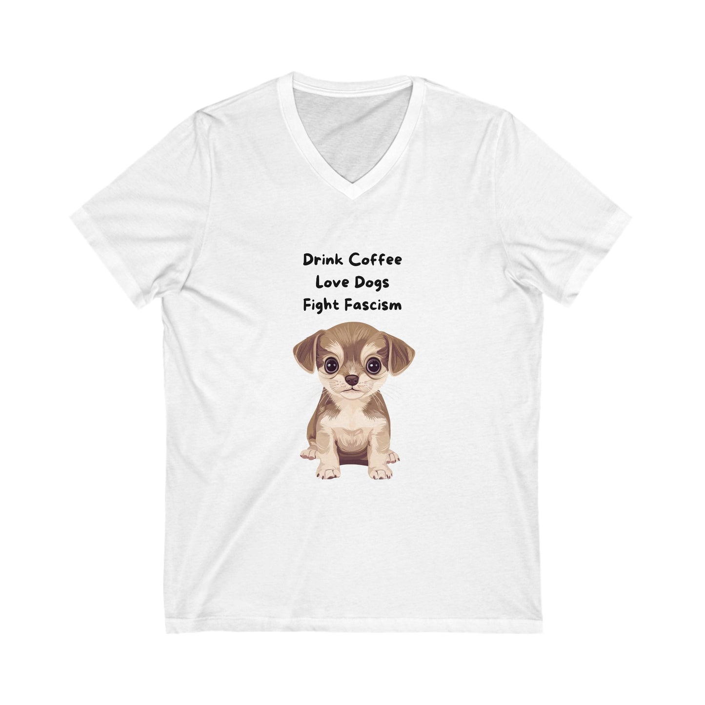 Anti-Fascist Puppy V-Neck T-Shirt | Cute Coffee & Dogs Activism Tee