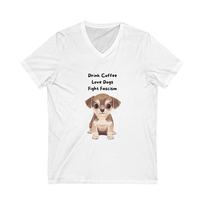 Anti-Fascist Puppy V-Neck T-Shirt | Cute Coffee & Dogs Activism Tee