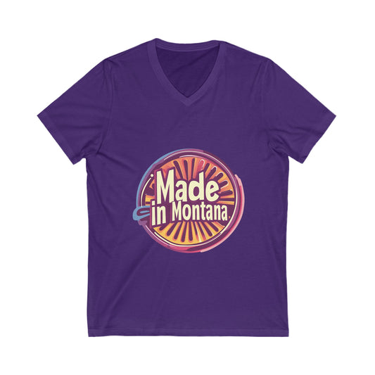Made in Montana Retro V-Neck T-Shirt | Vintage State Pride Design | Rainbow Sunset Circle Unisex Tee