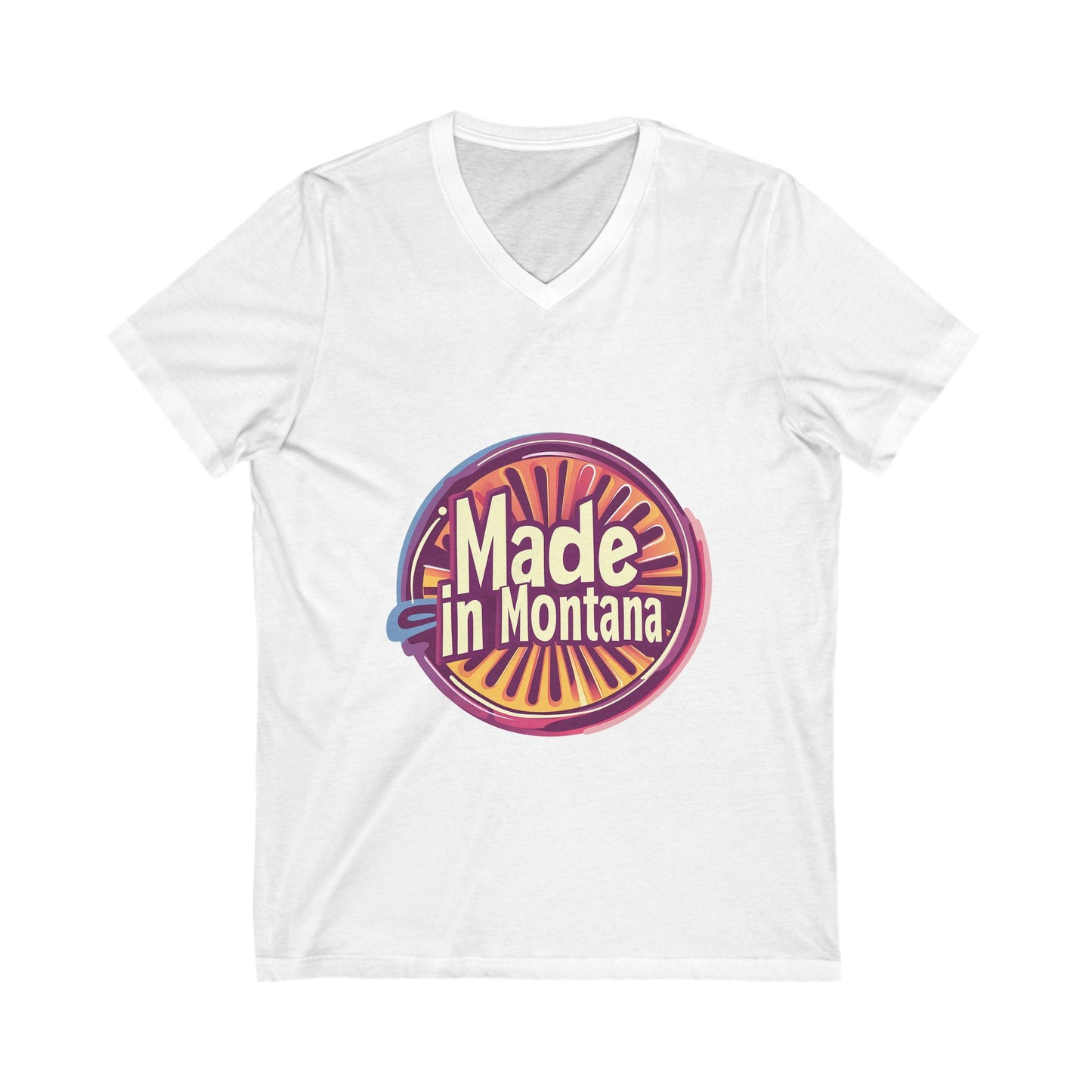 Made in Montana Retro V-Neck T-Shirt | Vintage State Pride Design | Rainbow Sunset Circle Unisex Tee