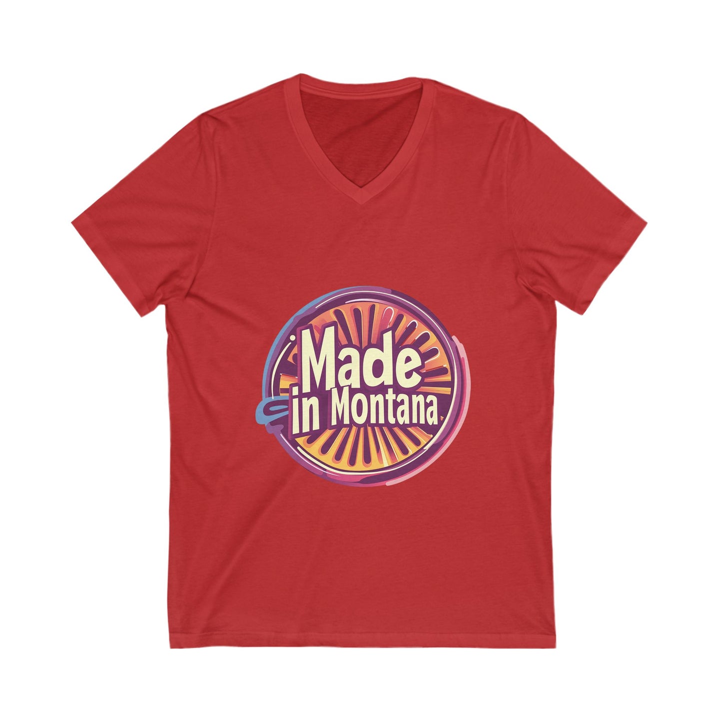 Made in Montana Retro V-Neck T-Shirt | Vintage State Pride Design | Rainbow Sunset Circle Unisex Tee