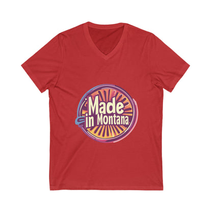 Made in Montana Retro V-Neck T-Shirt | Vintage State Pride Design | Rainbow Sunset Circle Unisex Tee