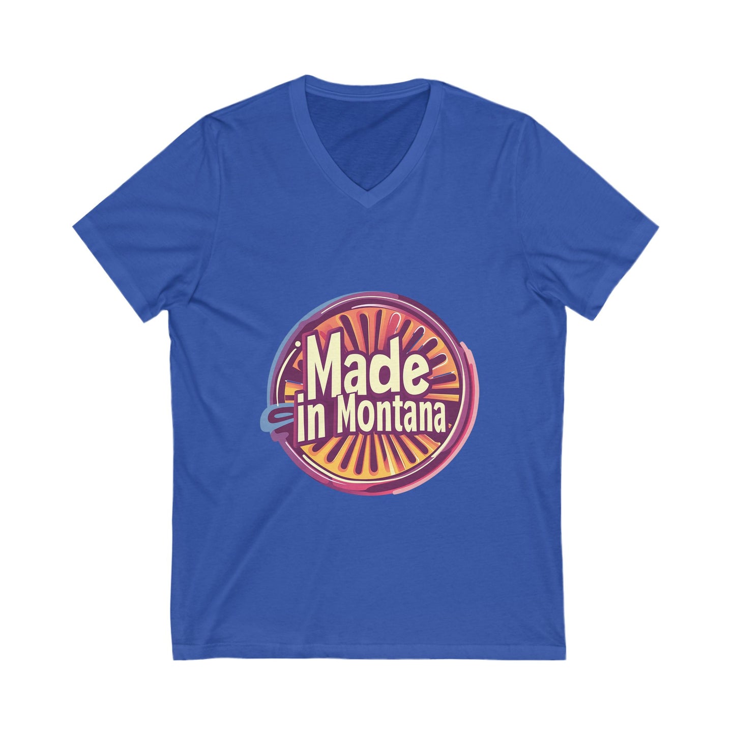 Made in Montana Retro V-Neck T-Shirt | Vintage State Pride Design | Rainbow Sunset Circle Unisex Tee