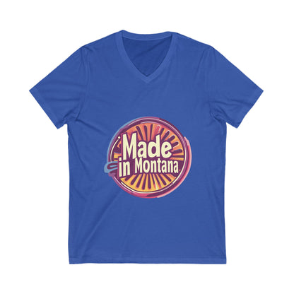 Made in Montana Retro V-Neck T-Shirt | Vintage State Pride Design | Rainbow Sunset Circle Unisex Tee