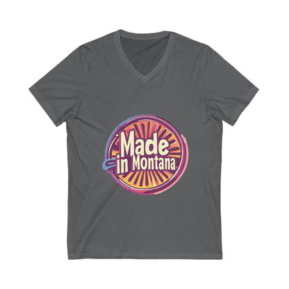 Made in Montana Retro V-Neck T-Shirt | Vintage State Pride Design | Rainbow Sunset Circle Unisex Tee