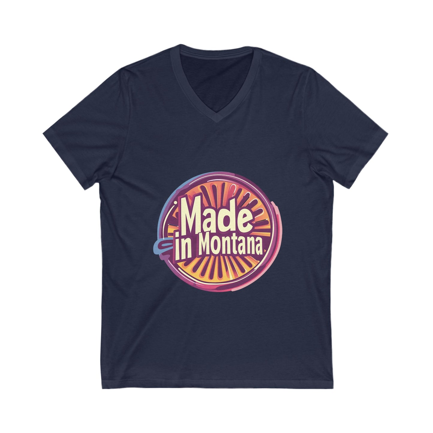 Made in Montana Retro V-Neck T-Shirt | Vintage State Pride Design | Rainbow Sunset Circle Unisex Tee