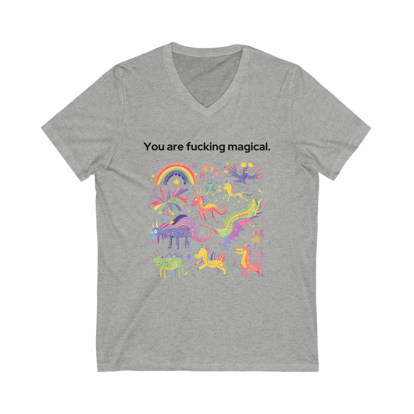 Magical Unicorn V-Neck T-Shirt | Empowering Rainbow Art | Kawaii Fantasy Unisex Tee