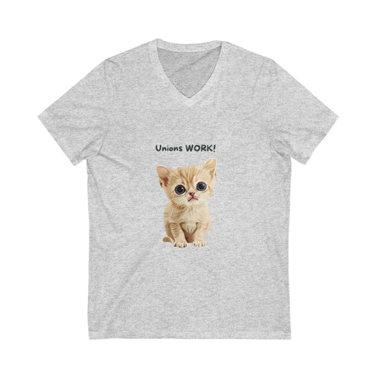 Unions Work Kitten V-Neck T-Shirt | Cute Activist Cat Labor Rights Tee