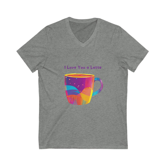 I Love You a Latte V-Neck T-Shirt | Kawaii Coffee Cup Rainbow Design | Unisex Tee