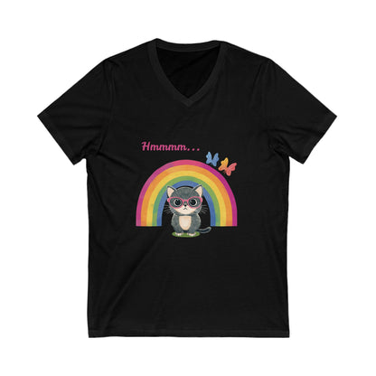 Kawaii Cat Rainbow V-Neck T-Shirt | LGBTQ+ Pride Butterfly Design | Cute Unisex Tee