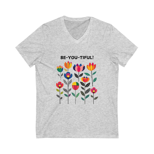 BE-YOU-TIFUL Pride Flower V-Neck | LGBTQ+ Empowerment Tee | Rainbow Garden Design