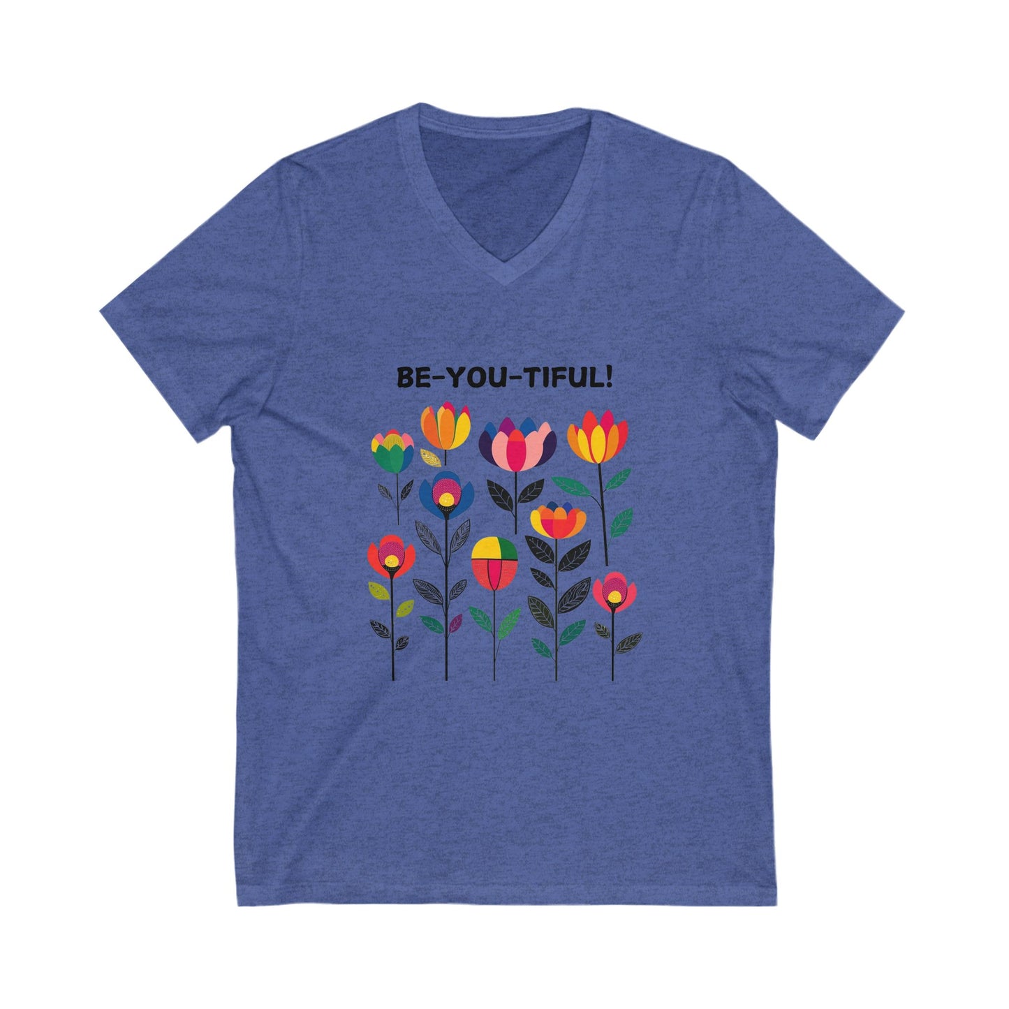BE-YOU-TIFUL Pride Flower V-Neck | LGBTQ+ Empowerment Tee | Rainbow Garden Design