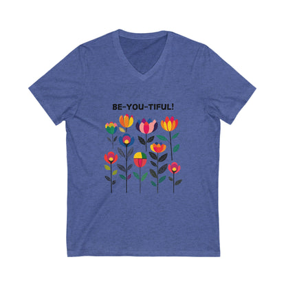 BE-YOU-TIFUL Pride Flower V-Neck | LGBTQ+ Empowerment Tee | Rainbow Garden Design