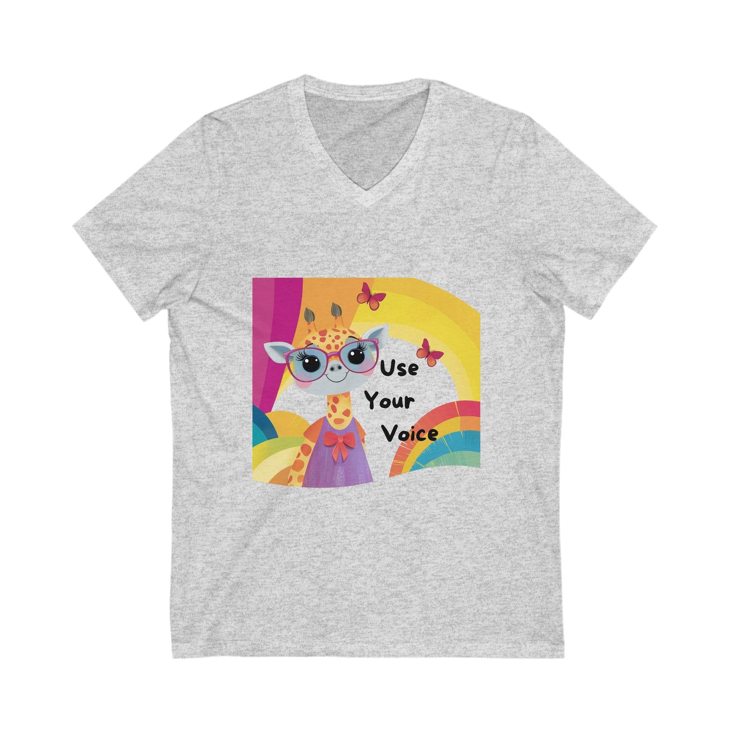 Kawaii Giraffe Empowerment V-Neck T-Shirt | Use Your Voice | Cute Activist Rainbow Design