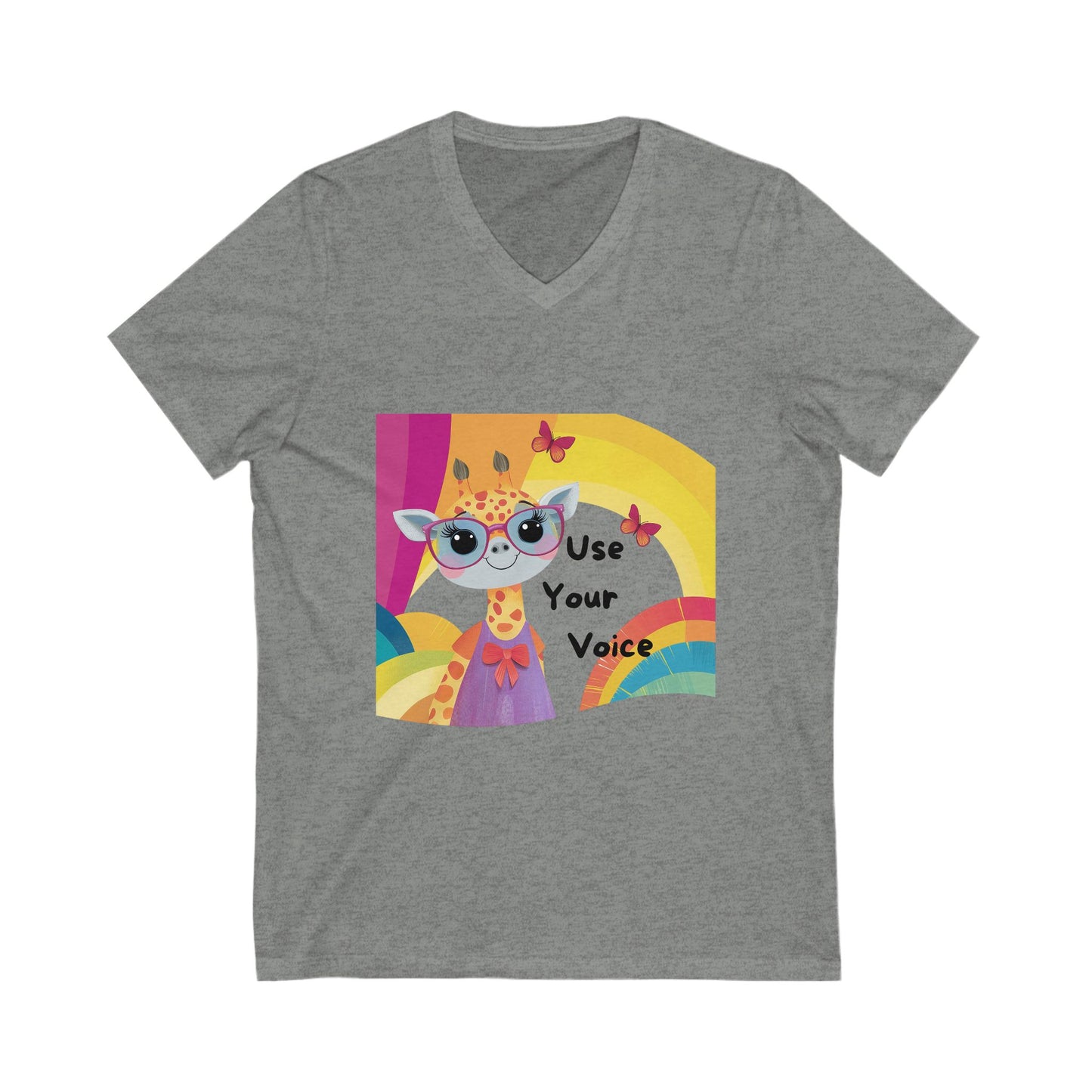 Kawaii Giraffe Empowerment V-Neck T-Shirt | Use Your Voice | Cute Activist Rainbow Design