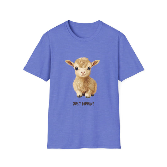 Just Kidding Baby Goat T-Shirt | Cute Farm Animal Pun Tee | Kawaii Goat Design