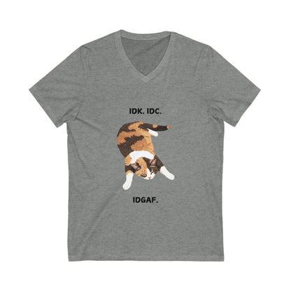 IDK IDC IDGAF Cat V-Neck T-Shirt | Funny Lazy Cat Tee | Unisex Bella+Canvas