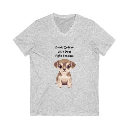 Anti-Fascist Puppy V-Neck T-Shirt | Cute Coffee & Dogs Activism Tee