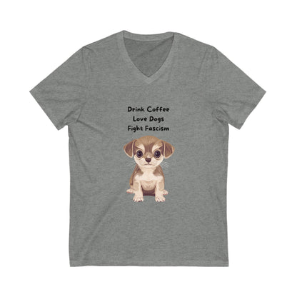 Anti-Fascist Puppy V-Neck T-Shirt | Cute Coffee & Dogs Activism Tee
