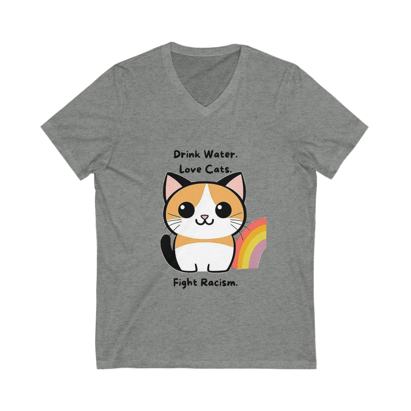 Kawaii Cat Anti-Racism V-Neck T-Shirt | Cute Activist Pet Lover Tee
