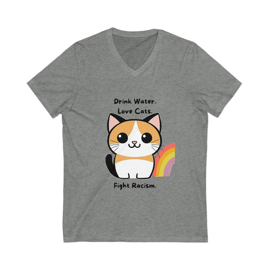 Kawaii Cat Anti-Racism V-Neck T-Shirt | Cute Activist Pet Lover Tee