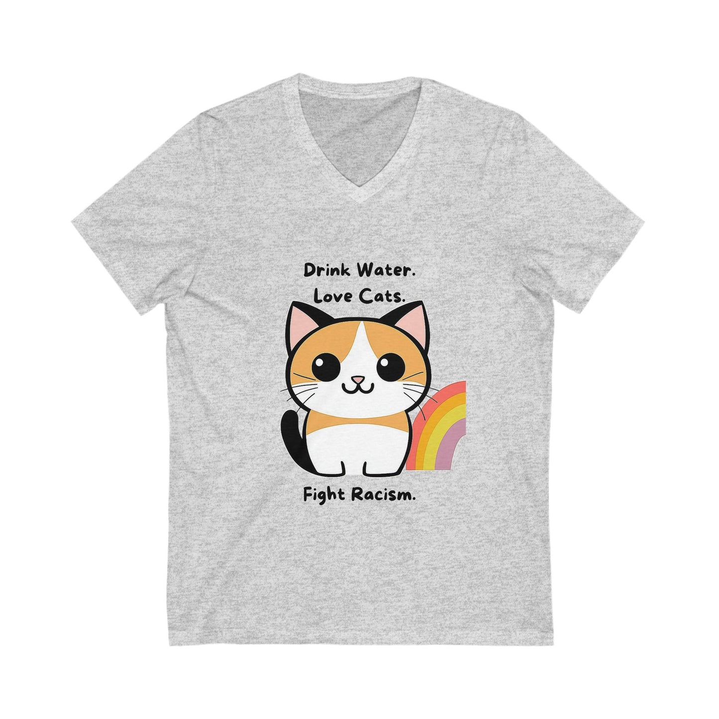Kawaii Cat Anti-Racism V-Neck T-Shirt | Cute Activist Pet Lover Tee