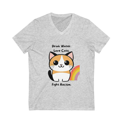 Kawaii Cat Anti-Racism V-Neck T-Shirt | Cute Activist Pet Lover Tee