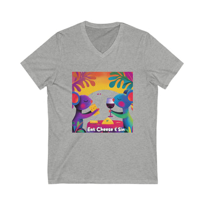 Eat Cheese & Sin V-Neck Tee | Cute Activism Purple Unisex T-Shirt