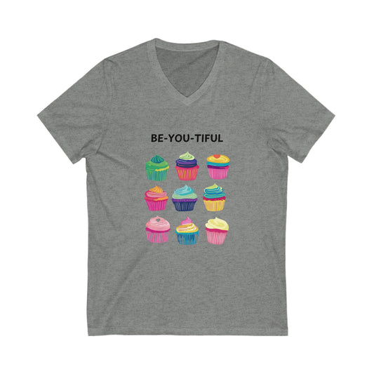 BE-YOU-TIFUL Rainbow Cupcake V-Neck | Empowering Self Love Unisex Tee