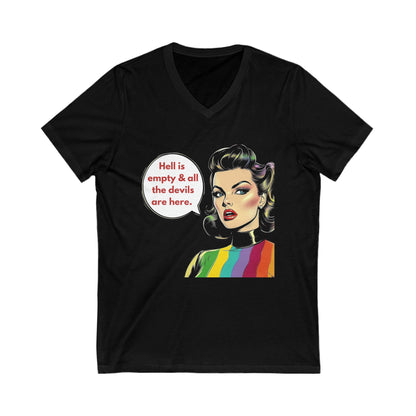 Retro Pride Devil Speech V-Neck Tee | LGBTQ+ Activist Quote T-Shirt