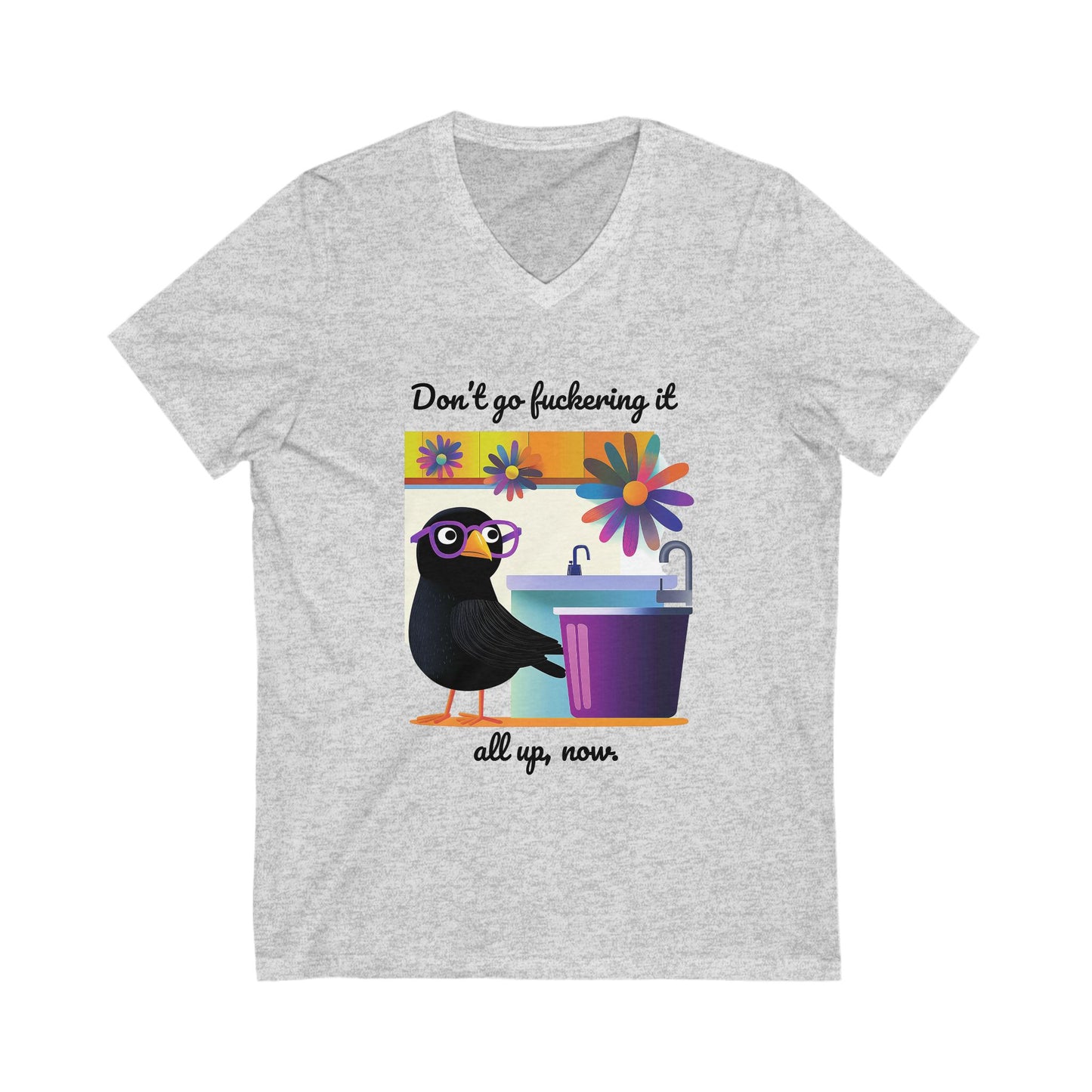 Funny Crow V-Neck T-Shirt | Cute Bird Coffee Lover Gift | Kawaii Animal Unisex Tee