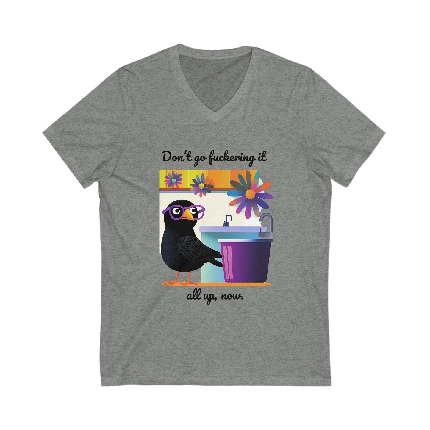 Funny Crow V-Neck T-Shirt | Cute Bird Coffee Lover Gift | Kawaii Animal Unisex Tee