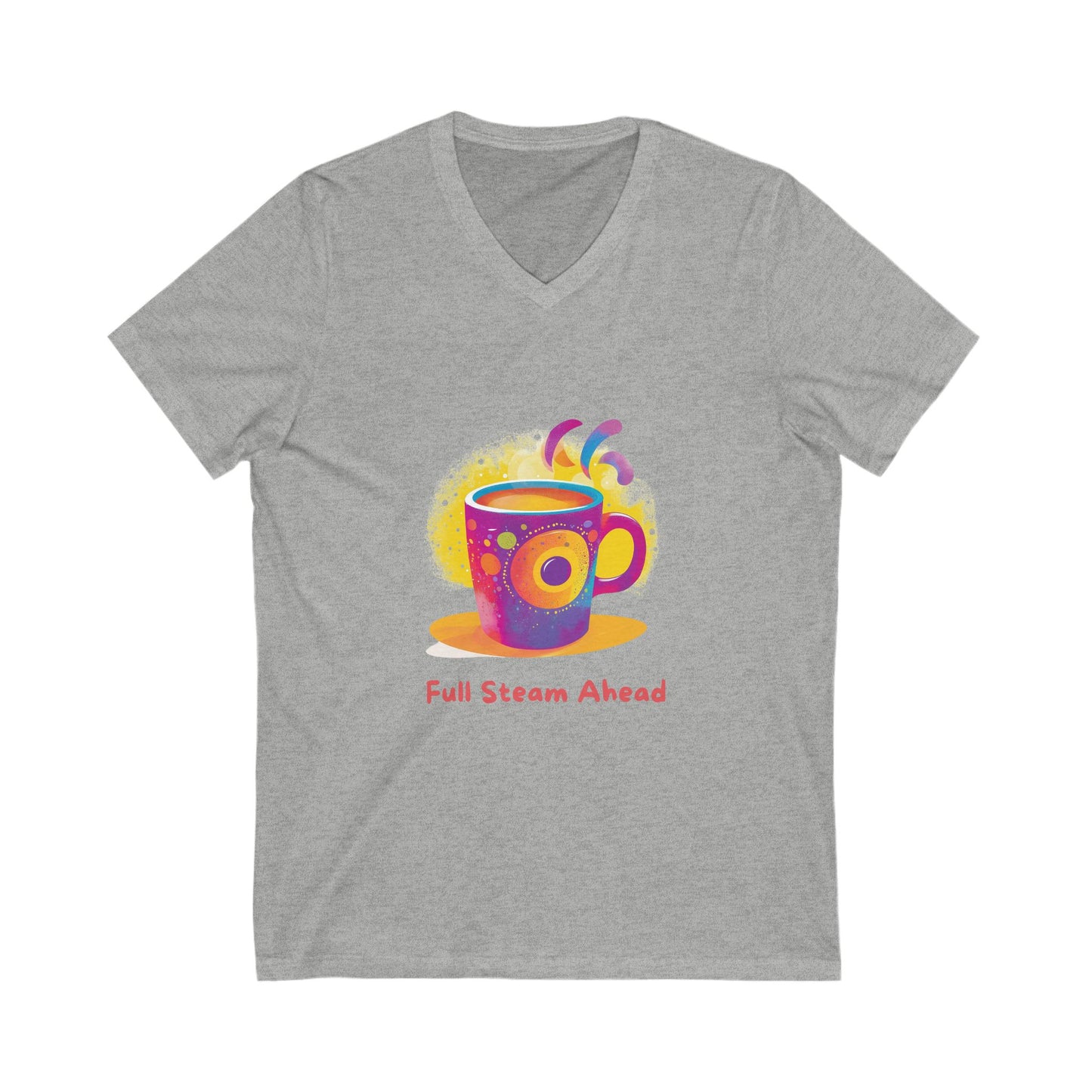 Full Steam Ahead Coffee V-Neck T-Shirt | Kawaii Motivational Tee | Rainbow Cup Design