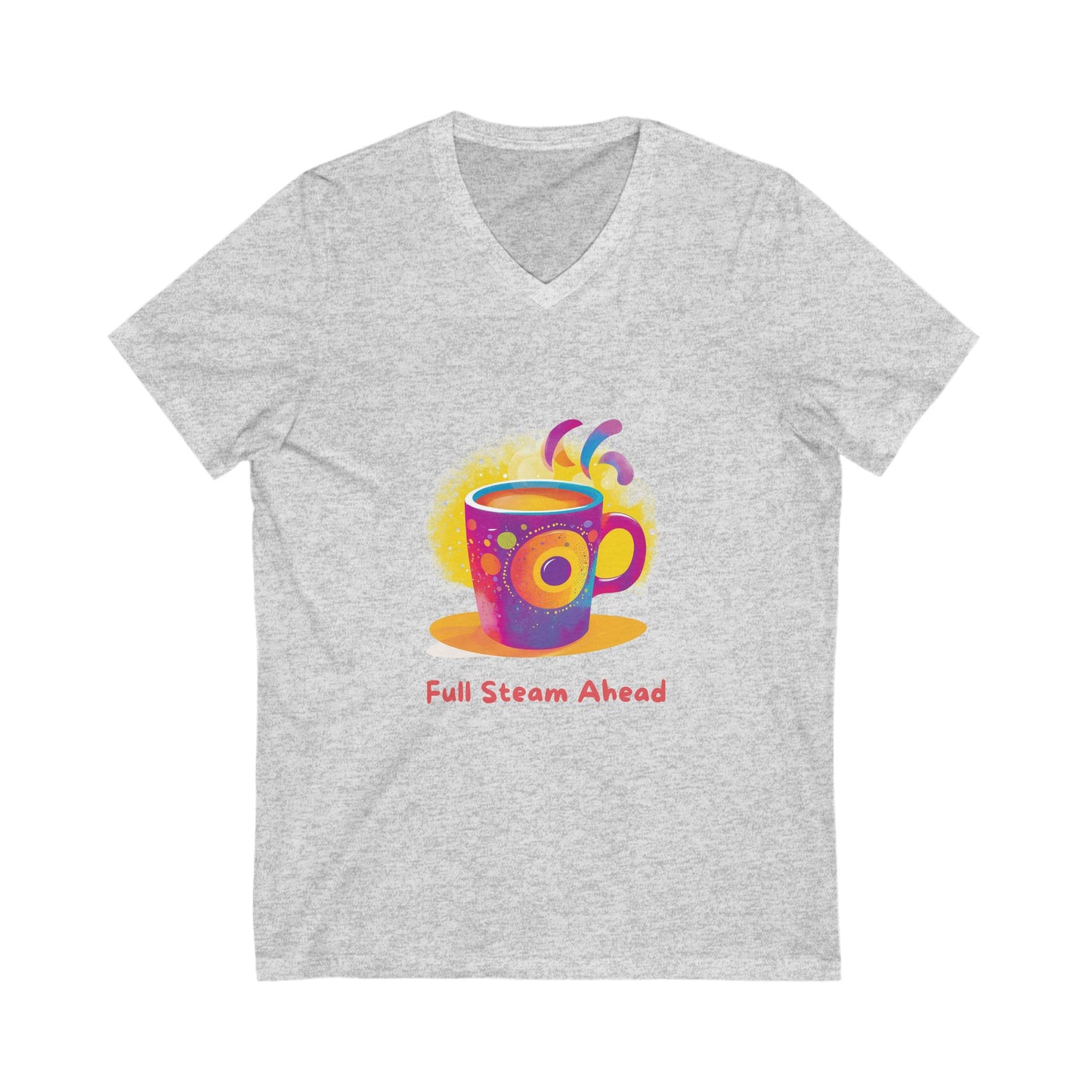 Full Steam Ahead Coffee V-Neck T-Shirt | Kawaii Motivational Tee | Rainbow Cup Design