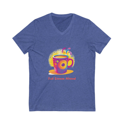 Full Steam Ahead Coffee V-Neck T-Shirt | Kawaii Motivational Tee | Rainbow Cup Design