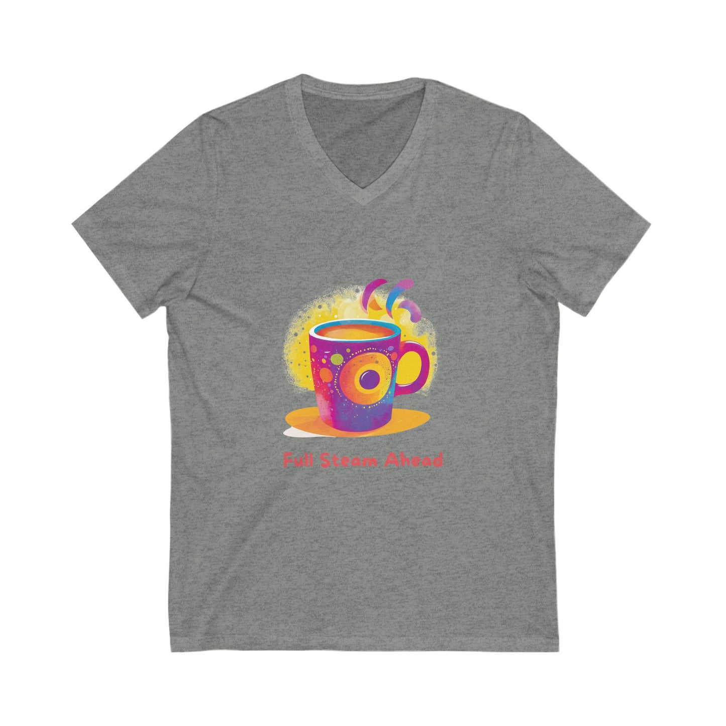 Full Steam Ahead Coffee V-Neck T-Shirt | Kawaii Motivational Tee | Rainbow Cup Design