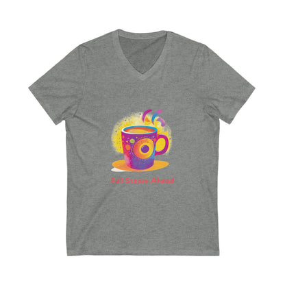 Full Steam Ahead Coffee V-Neck T-Shirt | Kawaii Motivational Tee | Rainbow Cup Design