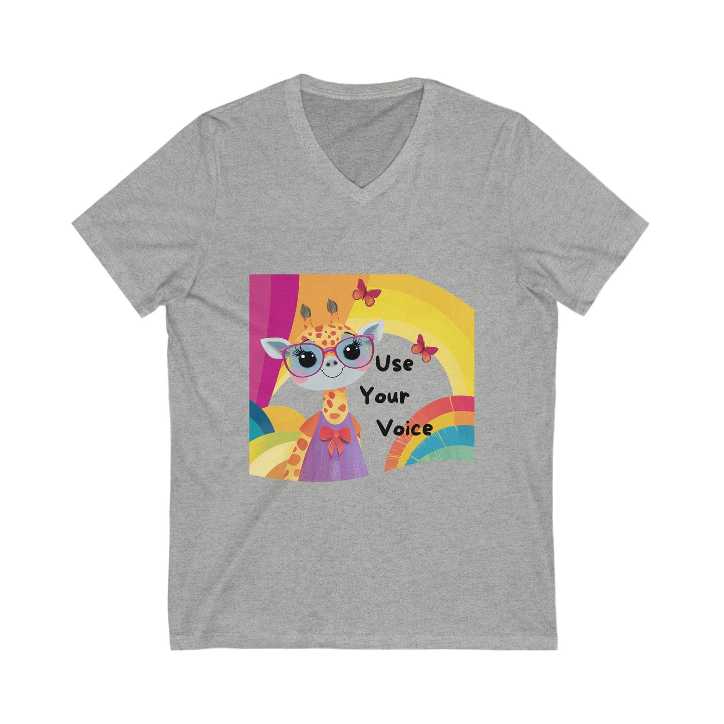 Kawaii Giraffe Empowerment V-Neck T-Shirt | Use Your Voice | Cute Activist Rainbow Design