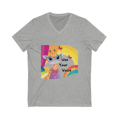 Kawaii Giraffe Empowerment V-Neck T-Shirt | Use Your Voice | Cute Activist Rainbow Design