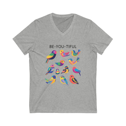 BE-YOU-TIFUL Bird V-Neck T-Shirt | Colorful Rainbow Birds Self-Love Tee