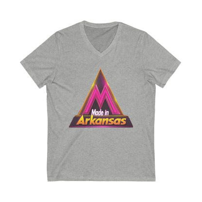 Made in Arkansas Retro Triangle V-Neck | Metallic Pink & Gold State Pride Tee