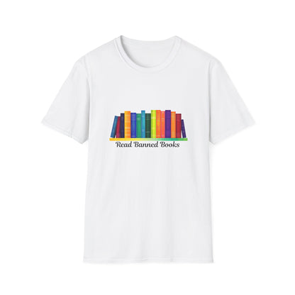 Read Banned Books Rainbow Bookshelf T-Shirt | Literary Activism Tee