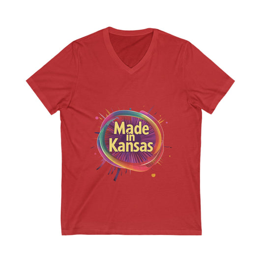 Made in Kansas Pride V-Neck T-Shirt | Retro Rainbow Circle Design | State Pride Tee