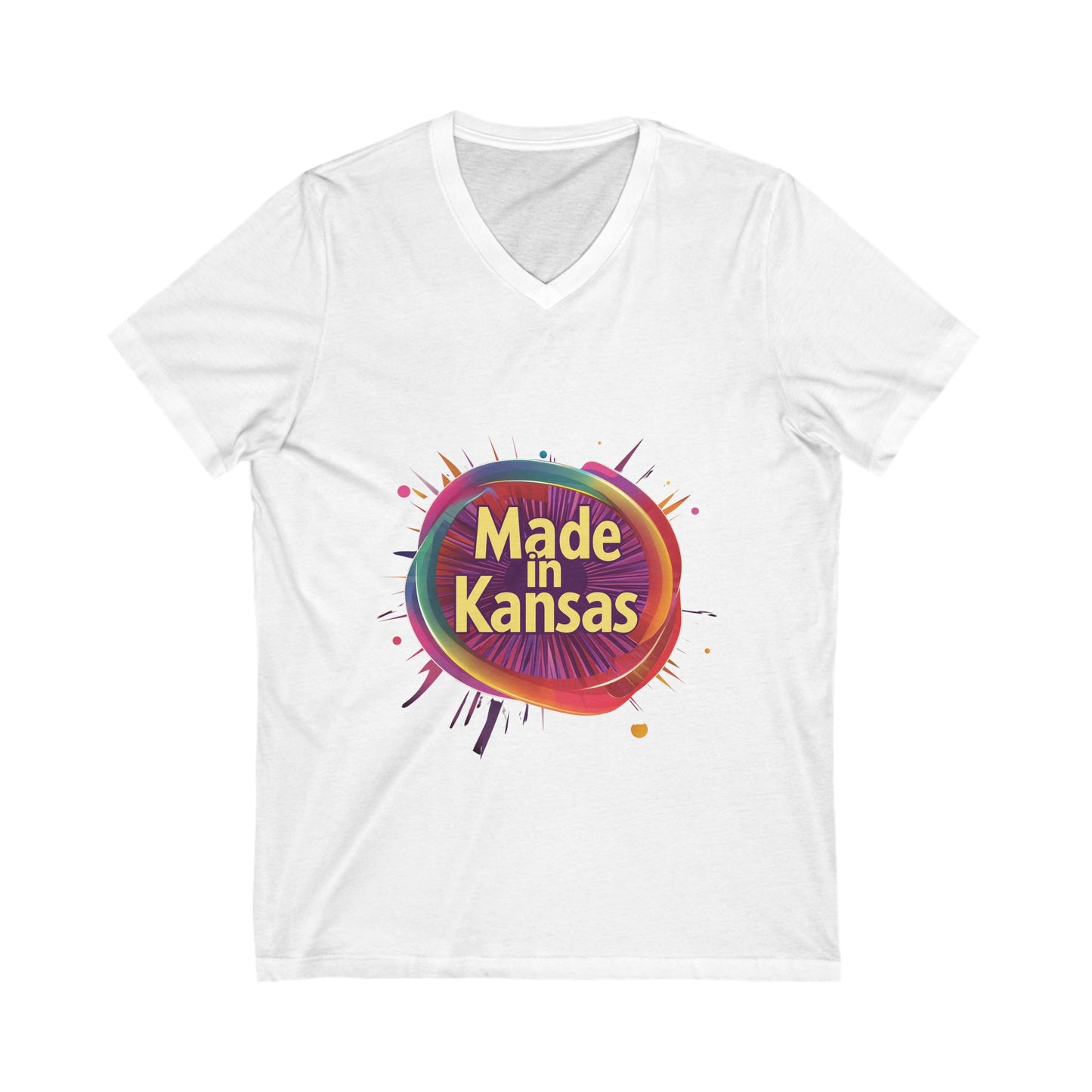 Made in Kansas Pride V-Neck T-Shirt | Retro Rainbow Circle Design | State Pride Tee
