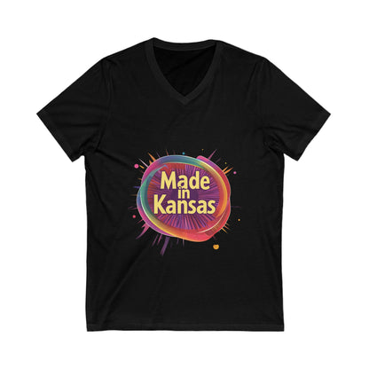Made in Kansas Pride V-Neck T-Shirt | Retro Rainbow Circle Design | State Pride Tee